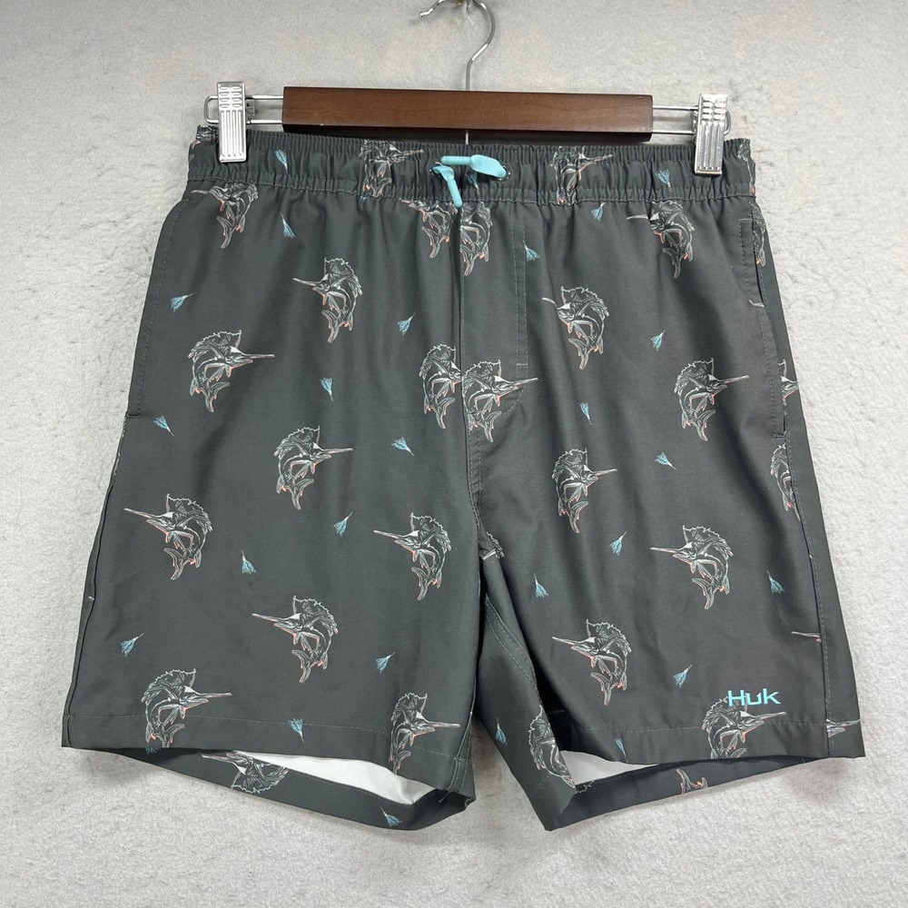 Huk Swim Shorts Boys YXL Grey Marlin Print No Liner Quick Dry Board Beach